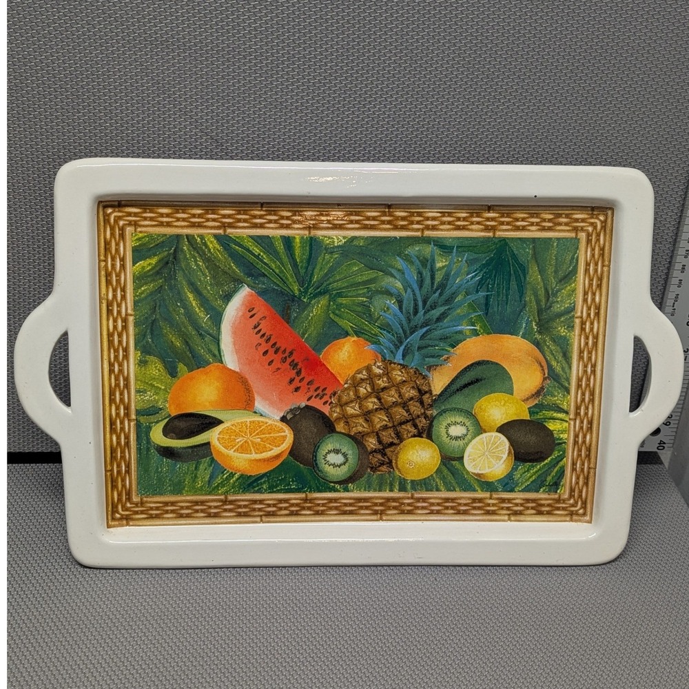 Vintage Tropical Fruit Ceramic Serving Tray with Handles Pineapple Watermelon